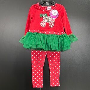 Nanette 2pc.JOY embroidered candy canes,peplum ruffle waist top,stretch leggings